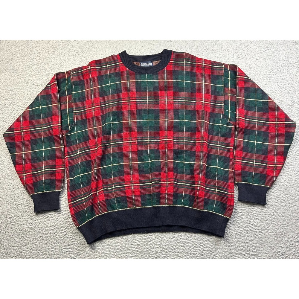 VTG Lands End Sweater Mens XL Tartan Plaid 90s Ribbed Crew Grandpa Wool Blend